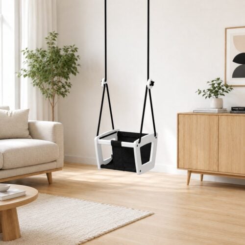 Lillagunga Babygynge i Massiv Hvidd Birketræ med Sort Stof & Sorte Reb | 3 Længder hos uniquebeds, home & living - Billede 4