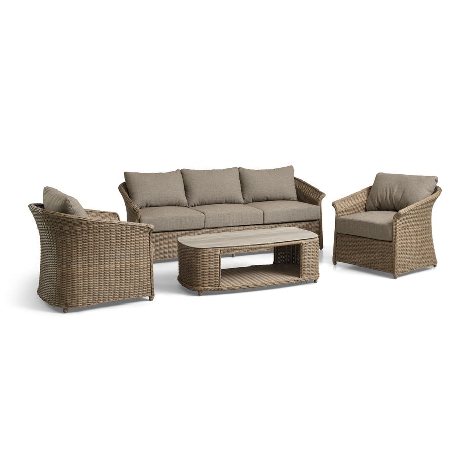 Maderia Udendørs Loungesæt i Polyrattan med Hynder fra Lexpo Living | Beige/Neutral | Sofa + 2x Loungestole + Sofabord hos uniquebeds, home & living - Billede 1