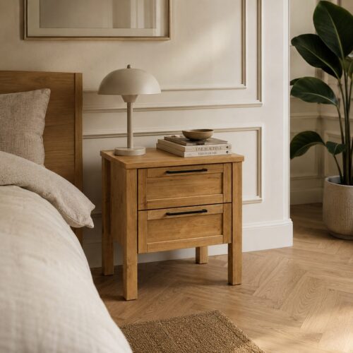Brage Snedker Sengebord med 2 Skuffer i Massiv FSC Egetræ fra Organic Sleep | H45 x B47 x D37 cm