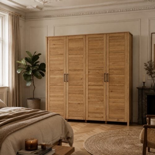 Brage Snedker Skab med 4 Låger i Massiv FSC Egetræ og Naturolie fra Organic Sleep | inkl. 2 Hylder & 2 bøjlestænger | B205 x D60 x H200 cm