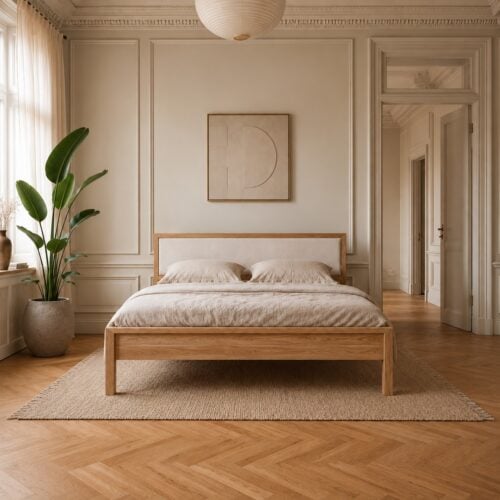Freja Snedker Sengeramme i Massiv FSC Egetræ og Naturolie med Beige Uld på Sengegavlen fra Organic Sleep