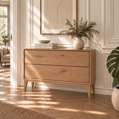 Njord Snedker Kommode/ Tv-Bord med 2 Skuffer i Massiv FSC Egetræ i Naturolie fra Organic Sleep | H63 x B90 x D42 cm | Leveres Færdigsamlet