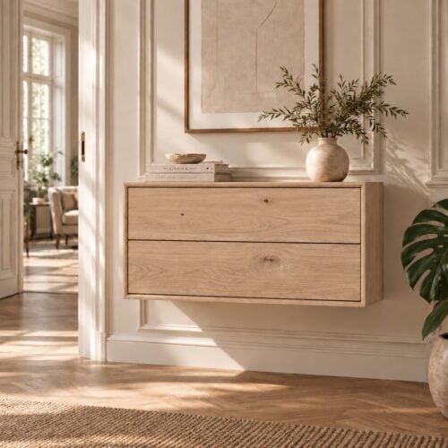 Njord Væghængt Snedker Kommode/ Tv-Bord med 2 skuffer i Massiv FSC Egetræ og Bianco Lys Olie fra Organic Sleep | H43 x B90 x D42 cm | Leveres færdigsamlet