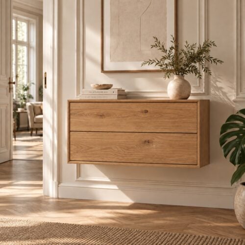 Njord Væghængt Snedker Kommode/ Tv-Bord med 2 skuffer i Massiv FSC Egetræ og naturolie fra Organic Sleep | H43 x B90 x D42 cm | Leveres færdigsamlet