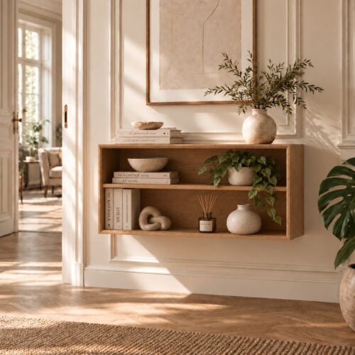Njord Væghængt Åben Snedker Reol med 1 Hylde i Massiv FSC Egetræ og Naturolie fra Organic Sleep | H43 x B90 x D42 cm | Leveres Færdigsamlet