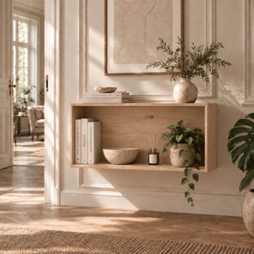 Njord Væghængt Åben Snedker Reol/ Tv-Bord i Massiv Egetræ og Bianco Lys Olie fra Organic Sleep | H43 x B90 x D42 cm | Leveres Færdigsamlet
