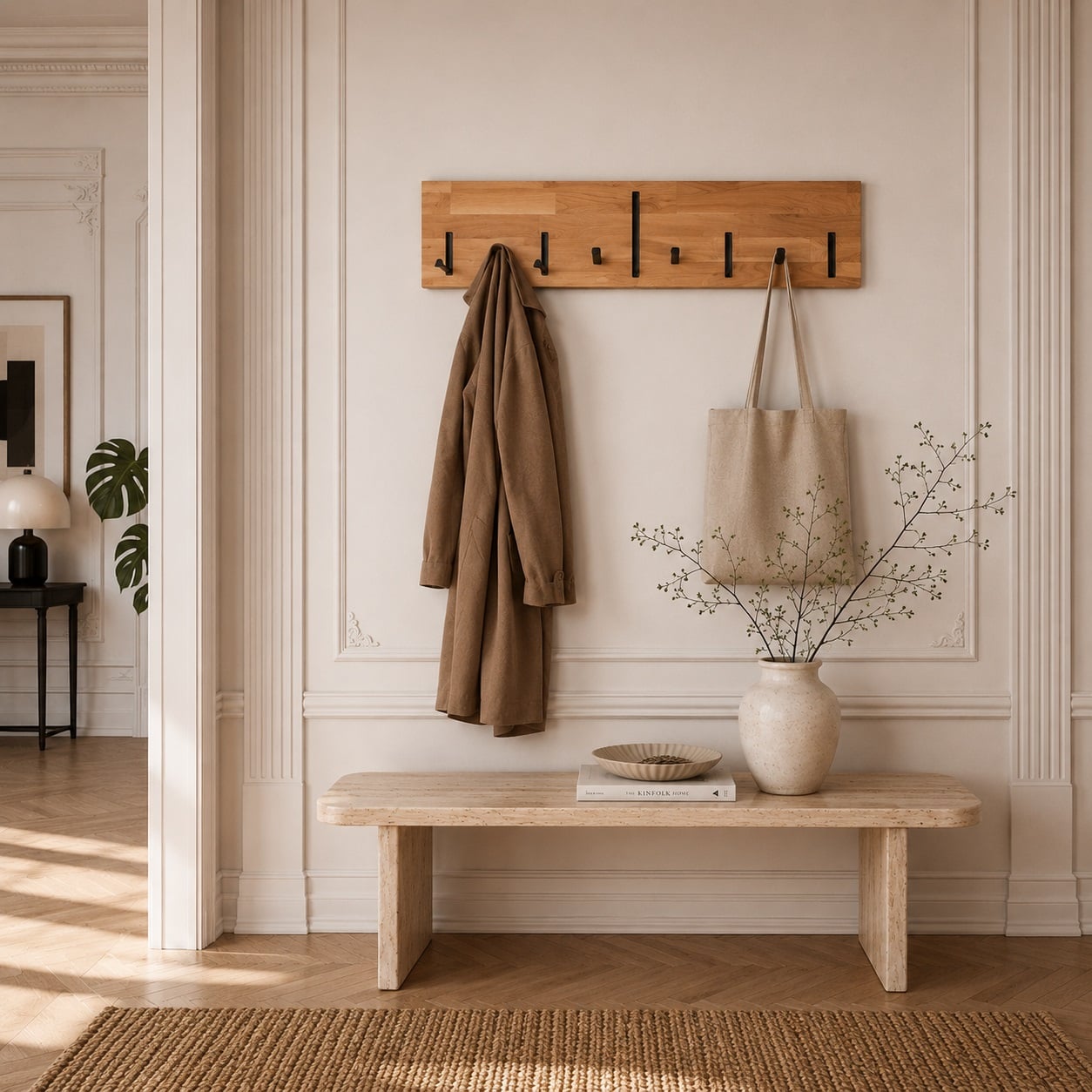 Sif snedker knagerække i massiv FSC Bøgetræ og Naturolie med 4 knager og 5 Bøjlestænger - L80 x D2,5 x H22 cm 810981-82 1