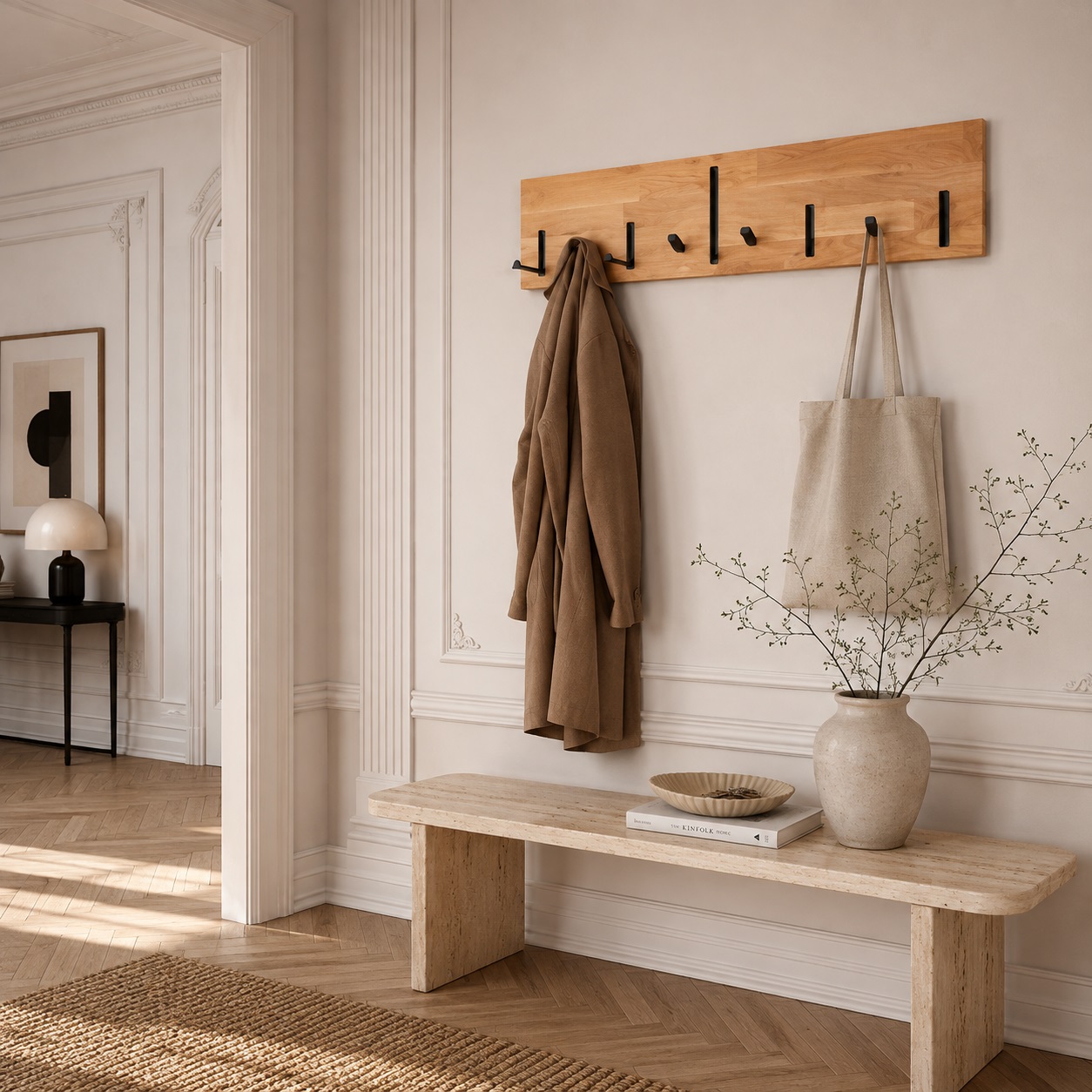 Sif snedker knagerække i massiv FSC Bøgetræ og Naturolie med 4 knager og 5 Bøjlestænger - L80 x D2,5 x H22 cm 810981-82