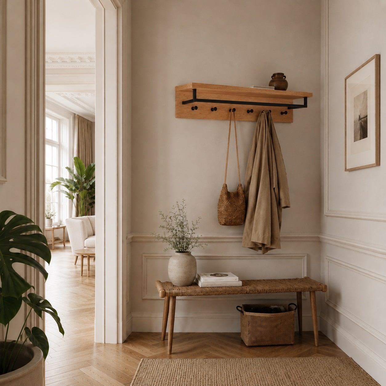 Sif snedker Hattehylde i massiv FSC Bøgetræ og Naturolie med 1 Bøjlestang og 6 Knager fra Organic Sleep B80 x H22 x D2,5 cm 810982-82 1