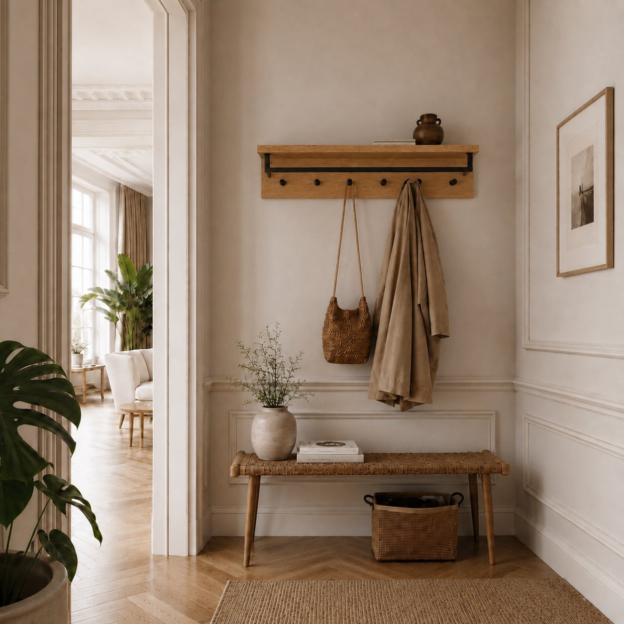 Sif snedker Hattehylde i massiv FSC Egetræ og Naturolie med 1 Bøjlestang og 6 Knager fra Organic Sleep B80 x H22 x D2,5 cm 810982-92 1