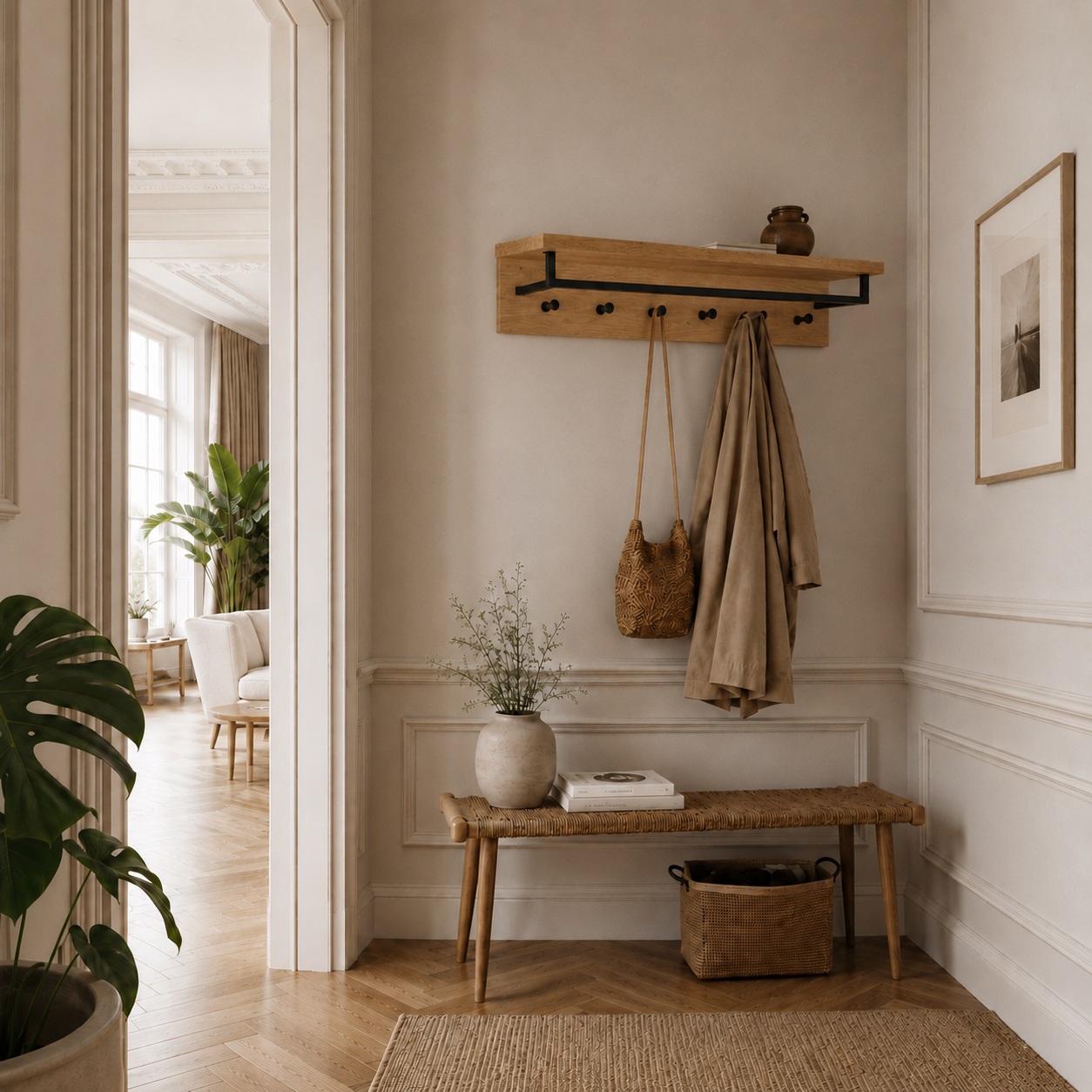 Sif snedker Hattehylde i massiv FSC Egetræ og Naturolie med 1 Bøjlestang og 6 Knager fra Organic Sleep B80 x H22 x D2,5 cm 810982-92