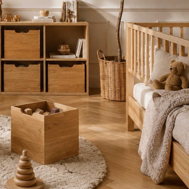 Sif snedker opbevaringskasse i massiv FSC egetræ med 4 små hjul under kassen fra Organic Sleep L36 cm D38 cm H37 cm 810001-92 3