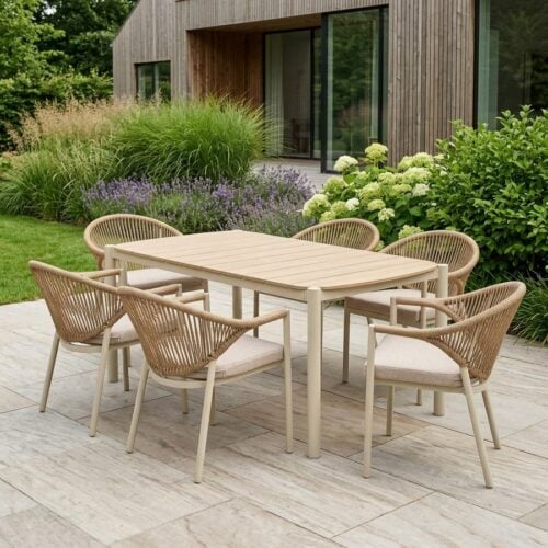 1Abela Havem&oslash;bels&aelig;t i Sand/Natur fra House Nordic | S&aelig;t af 7 - 100x200x74 cm Bord + 6 Stole med hynde - Billede 1