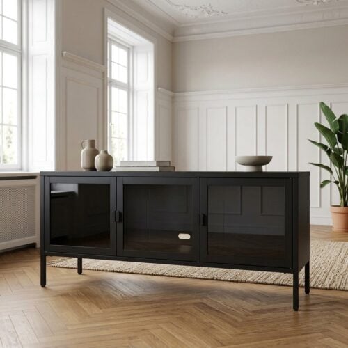1Brisbane TV-Bænk i Sort Stål med 3 Glaslåger fra House Nordic | BDH 130x40x55 cm - Billede 1