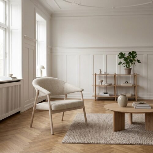 1Elk Lounge Lænestol i Sand Polyester & Ben i Hvidpigmenteret Egetræ fra Unique Furniture | D71xB68.5xH76 cm - Billede 1