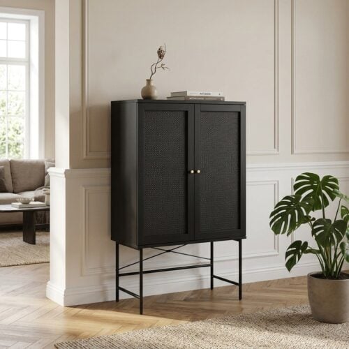 1Pensacola Skab i Sort Melamin og Polyrattan med Metal Ben fra Unique Furniture | B80xH135xD40cm - Billede 1