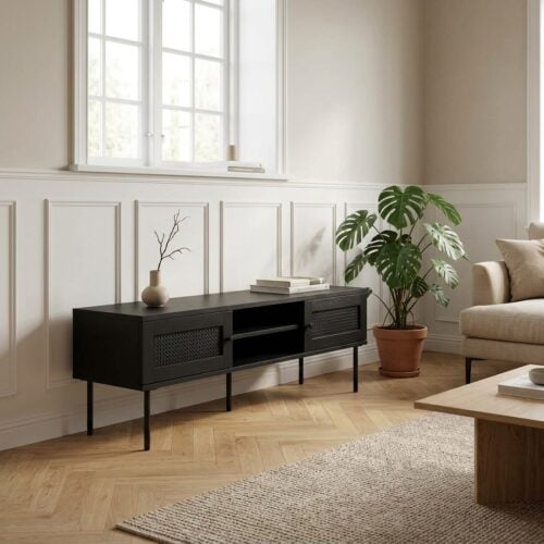 2Pensacola TV Bord i Sort Ege Melamin med Sort Polyrattan og Metal Ben fra Unique Furniture | B120xH43xD40cm - Billede 1
