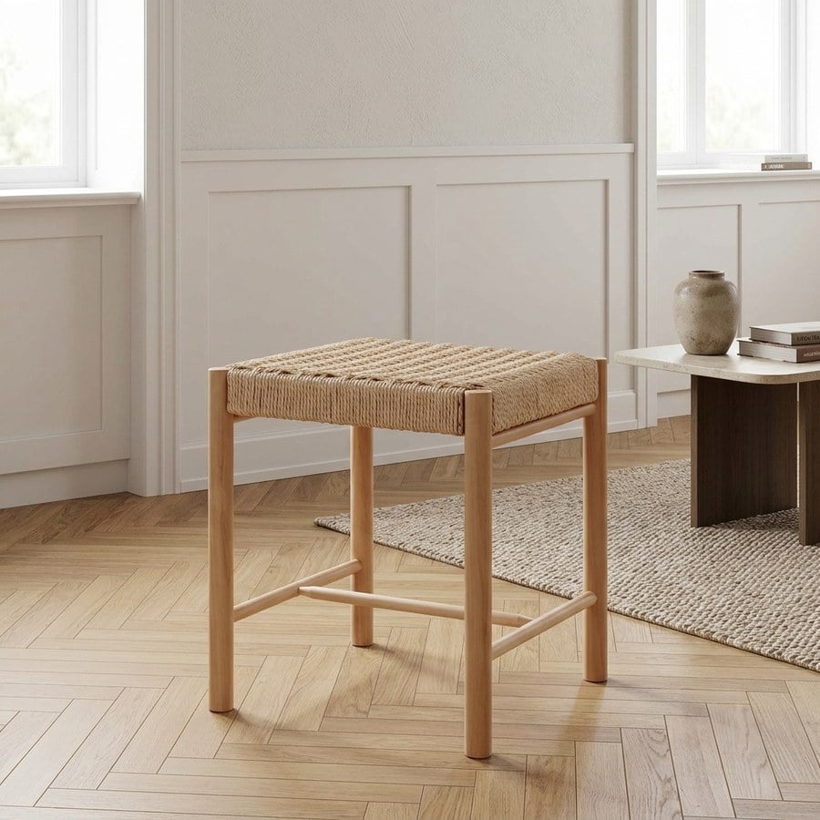 Abano Taburet i massiv poppeltræ med naturflet sæde Fra House Nordic - Billede 1
