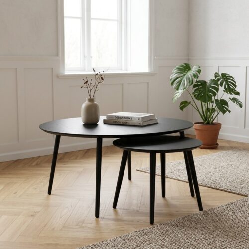 Adda Indskudsborde (Sæt af 2) i Sort Egetræsfinér med Sort Metalstel fra Unique Furniture | Ø88xH45cm - Billede 1
