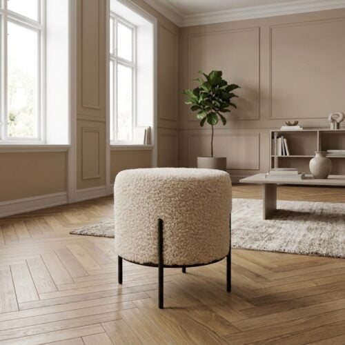 Alford puf i kunstig lammeskind med sorte ben fra House Nordic | ø35,5x37 cm - Billede 1
