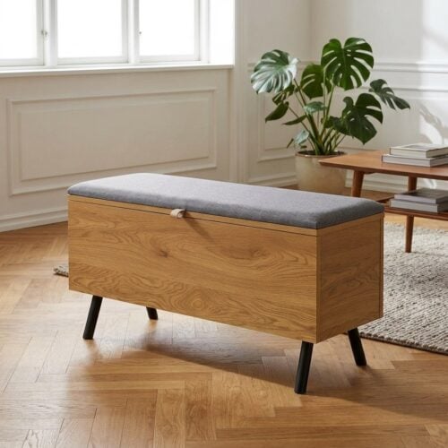 Barco Bænk med Opbevaring i Egetræslook og indbygget grå hynde fra House Nordic | 92x33x48cm - Billede 1