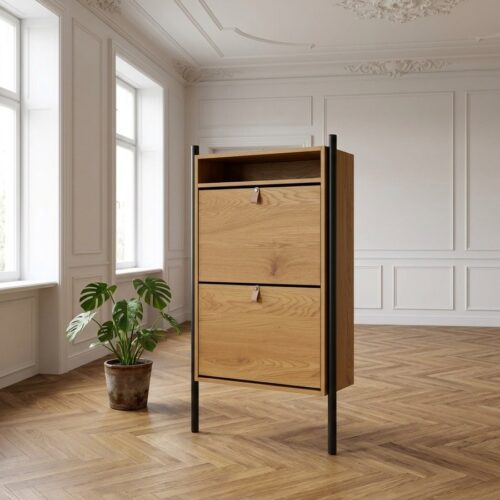 Barco Skoskab i Egetræslook med Sort Metal Stel fra House Nordic | B62xD26xH118cm - Billede 1