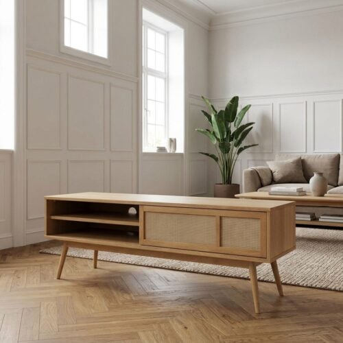 Barrali TV Bænk i Natur Egetræ og Rattan fra Unique Furniture | B150xD45xH50cm - Billede 1
