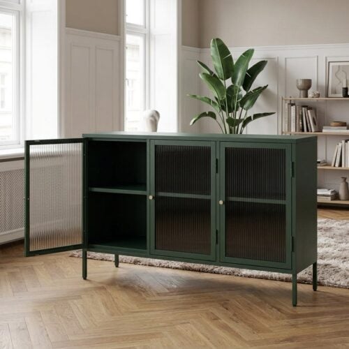 Bronco Skænk i Fyrgrøn Stål med Riflet Glasfront og Guld Håndtag fra Unique Furniture | 40x132x85cm - Billede 1