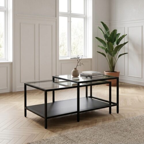 Bronco Sofabord Sæt i Sort Metal og Glas fra Unique Furniture | Sæt af 2 - Billede 1