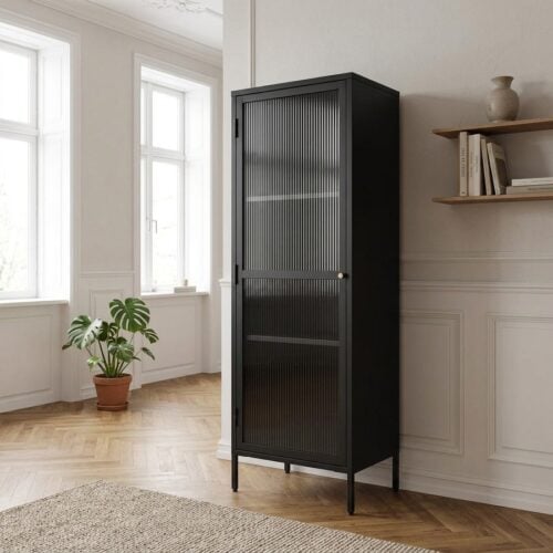 Bronco Vitrineskab i Sort Stål med Riflet Glas og Guldfarvet Håndtag fra Unique Furniture | 40x58x160cm - Billede 1