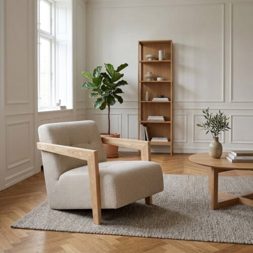 Caracas Loungestol i Beige Stof ogi 100% Massiv Egetræ med Armlæn fra House Nordic | L72xB88xH72cm - Billede 1