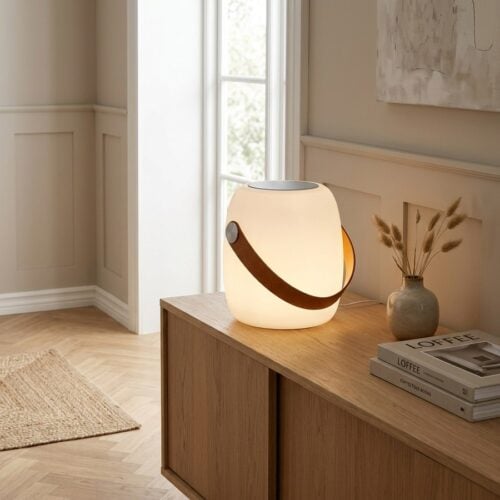 Cardiff LED Lampe med Læderstrop og Højtaler Fra House Nordic | ø18x21 cm - Genopladelig - Billede 1