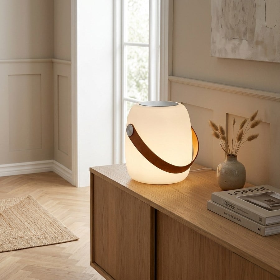 ai-miljoe-1-cardiff-led-lampe-med-l-derstrop-og-h-jtaler-fra-house-nordic-18x21-cm-genopladelig-175004 Cardiff LED Lampe med Læderstrop og Højtaler Fra House Nordic | ø18x21 cm - Genopladelig - Billede 1