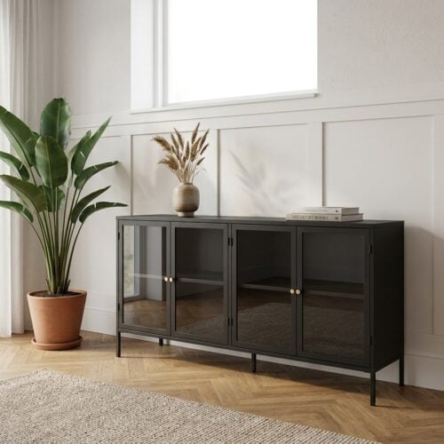 Carmel Skænk i Sort Stål med 4 Sektioner og Greb i Guld Metal fra Unique Furniture | 40x170x85cm - Billede 1