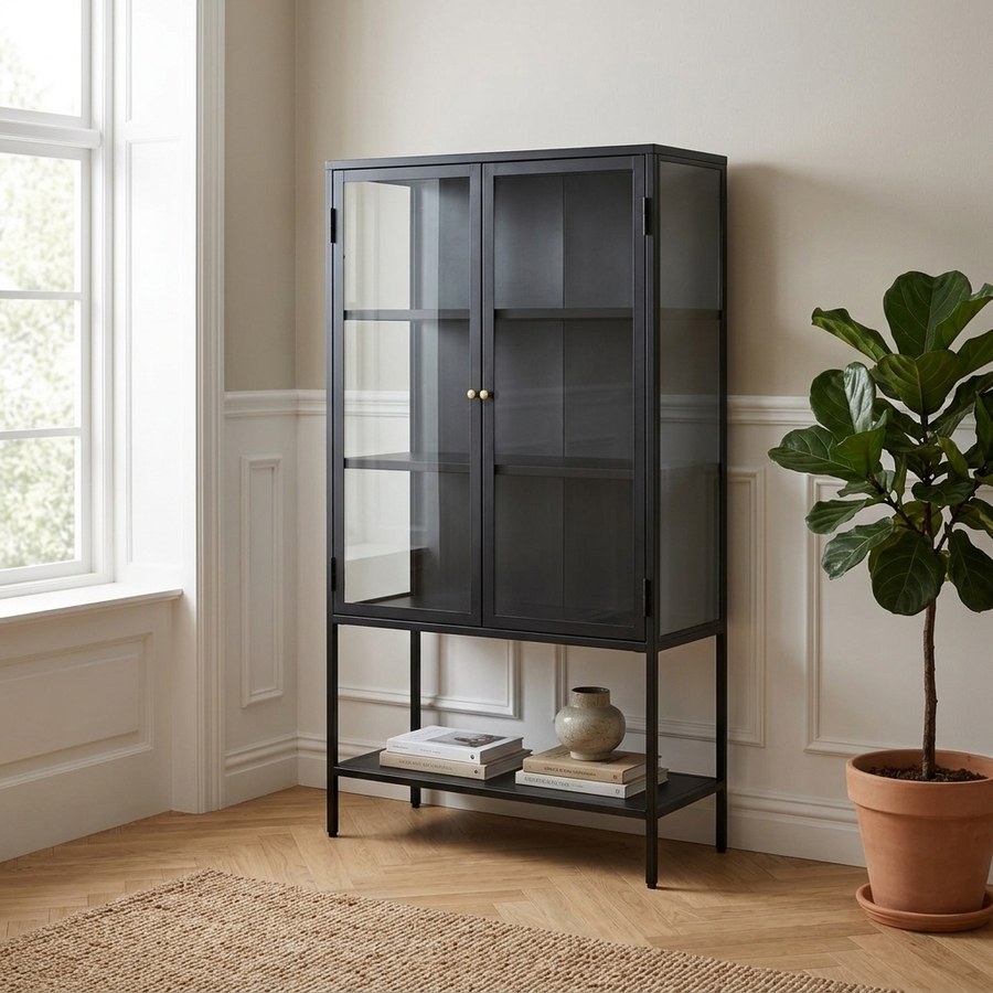 ai-miljoe-1-carmel-skab-i-sort-metal-med-guld-h-ndtag-og-d-re-i-h-rdet-glas-fra-unique-furniture-40x90x160cm-236807 Carmel Skab i Sort Metal med Guld Håndtag og Døre i Hærdet Glas fra Unique Furniture | 40x90x160cm - Billede 1
