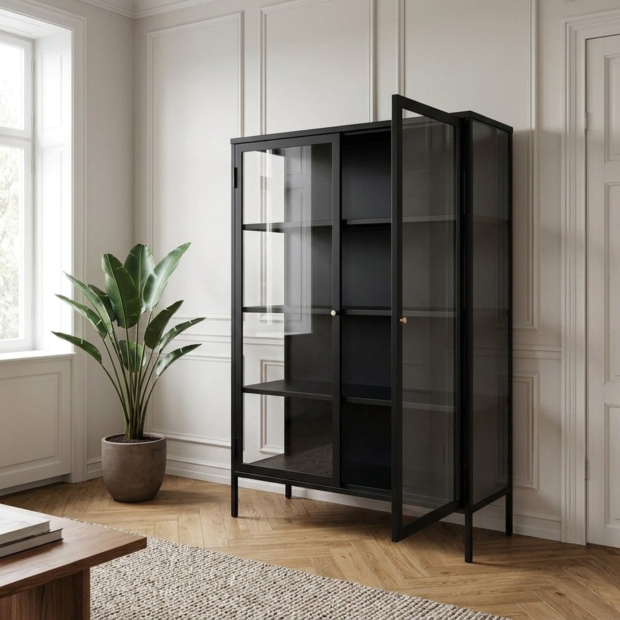 ai-miljoe-1-carmel-vitrineskab-i-sort-st-l-med-glasfronter-og-gyldne-h-ndtag-fra-unique-furniture-40x110x140cm-236803 Carmel Vitrineskab i Sort Stål med Glasfronter og Gyldne Håndtag fra Unique Furniture | 40x110x140cm - Billede 1
