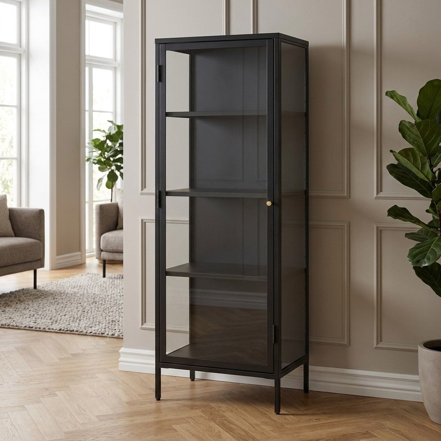 ai-miljoe-1-carmel-vitrineskab-i-sort-st-l-med-gyldent-h-ndtag-fra-unique-furniture-40x58x160cm-237030 Carmel Vitrineskab i Sort Stål med Gyldent Håndtag fra Unique Furniture | 40x58x160cm - Billede 1
