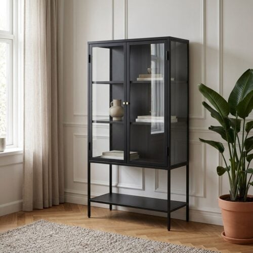Carmel Vitrineskab i Sort Stål med Høj Ben og Guldhåndtag fra Unique Furniture | 40x90x160cm - Billede 1