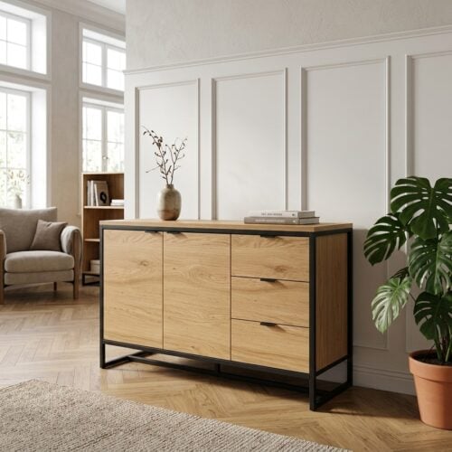 Cesura Skænk i Egetræsmelamin med Sort Metal Stel fra Unique Furniture | B104,5xD45xH80cm - Billede 1