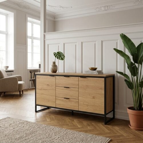 Cesura Skænk i Egetræsmelamin med Sort Metal Stel fra Unique Furniture | B155xD45xH80,6cm - Billede 1
