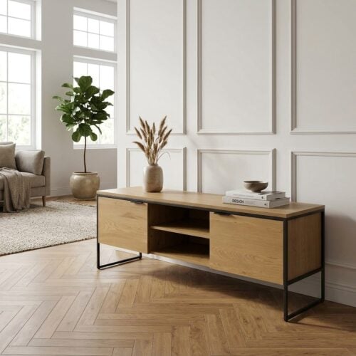 Cesura TV Bænk i Ege Melamin med Sorte Metalben fra Unique Furniture | B155xD45xH55cm - Billede 1