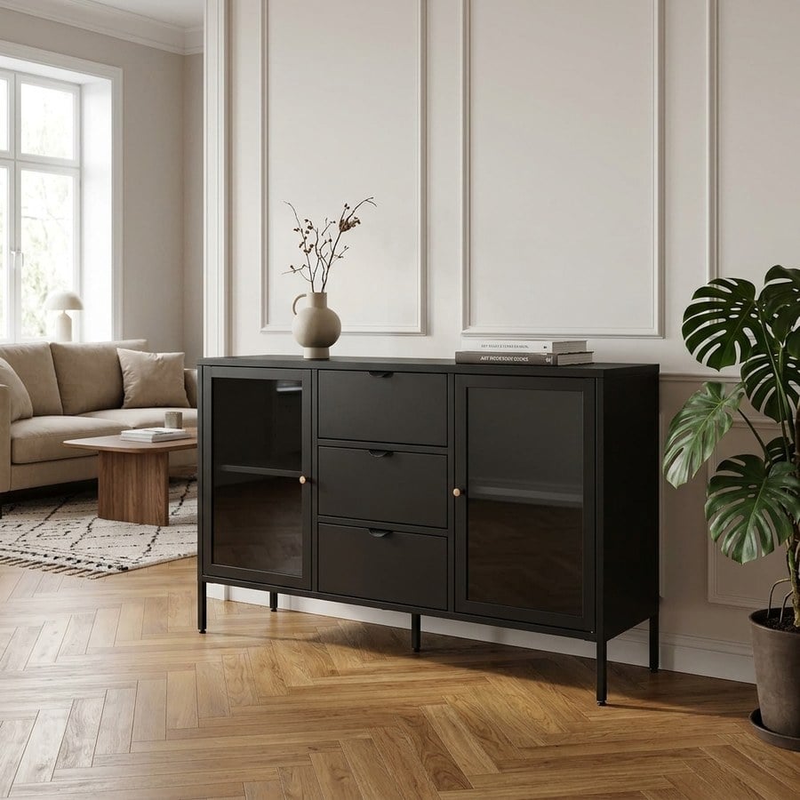 ai-miljoe-1-dalby-sk-nk-i-sort-st-l-med-2-glasl-ger-og-3-skuffer-fra-house-nordic-140x40x85-cm-160291 Dalby Skænk i Sort Stål med 2 Glaslåger og 3 skuffer fra House Nordic | 140x40x85 cm - Billede 1