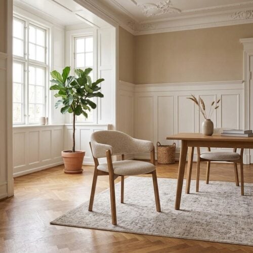 Dunkirk Spisebordsstol i 100% Massiv Egetræ med Beige Stof Sæde og Armlæn fra House Nordic | L59xB595xH80cm - Billede 1