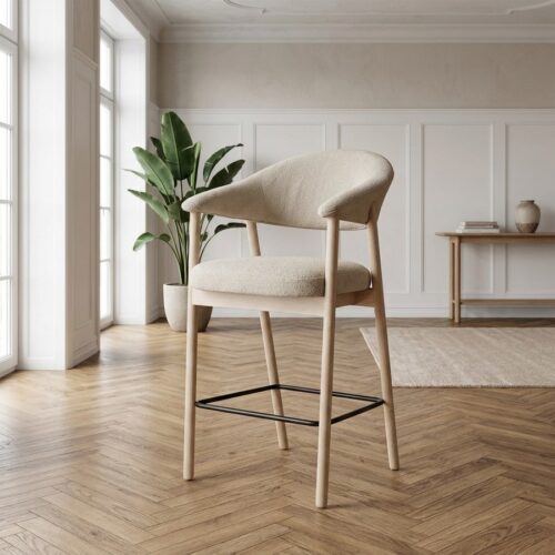 Elk Barstol i Sand 100% Polyester & Ben i Hvidpigmenteret Egetræ fra Unique Furniture | D56xB57xH104 cm - Billede 1