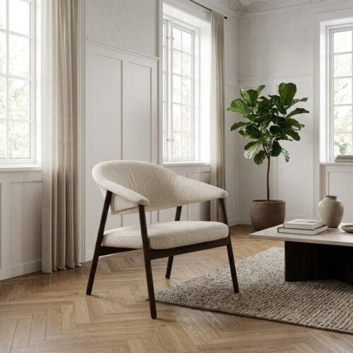 Elk Loungestol i Sand Polyester & Ben i Mørk Espresso Egetræ fra Unique Furniture | D71xB68,5xH76 cm - Billede 1
