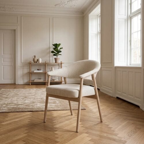 Elk Spisebordsstol i Sand Polyester & Ben i Hvidpigmenteret Egetræ fra Unique Furniture | B63xD63xH81 cm - Billede 1