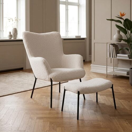 Glasgow Loungestol og Fodskammel Sæt i Hvid Polyester med Fyrretræ og Stål Stel fra House Nordic | L79/425xB70/63xH98/39cm 73x75x76 cm - Billede 1