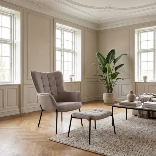 Glasgow Loungestol og Fodskammel Sæt i Stone fra House Nordic | L79xB70xH98cm - Billede 1