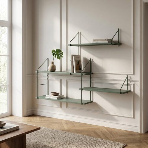 Harlem Hylde med 4 forskudte grønne Hylder og grønt metalstel fra House Nordic | 99x14,5x62 cm - Billede 1