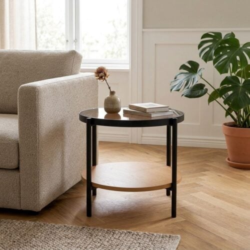 HASSEL Sidebord i Tawny Egetræ & Glas & Stel i Sort Metal fra Unique Furniture | Ø48x50 cm - Billede 1